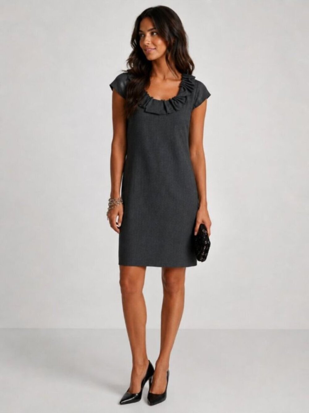 J. Crew Wool Blend Shift Dress Ruffle Neckline Short Sleeve Charcoal Grey Size 8